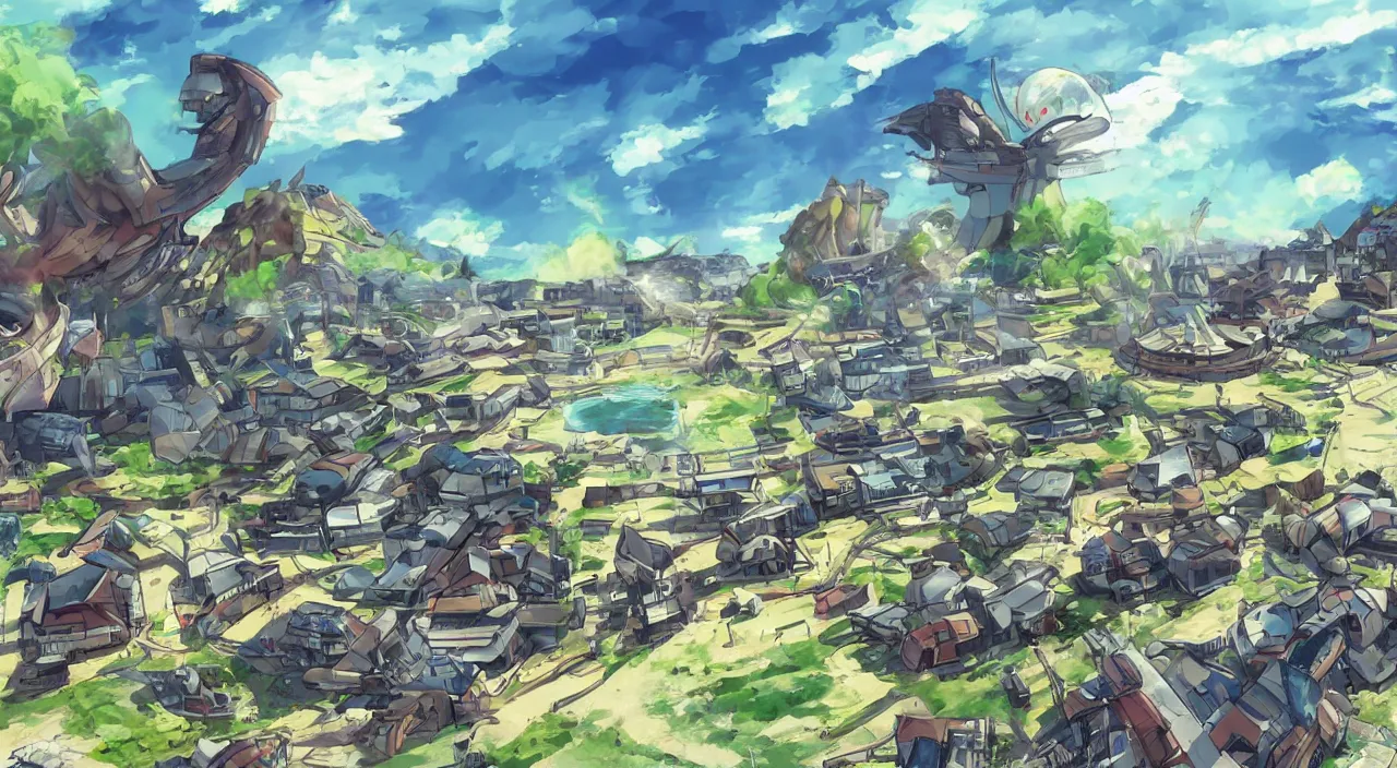 Prompt: The scenery of an alien attack on a village on a warm sunny day, trending on pixiv