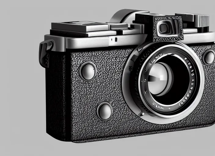 Image similar to modern rangefinder camera, front view, photoshop concept, digital art, illustration