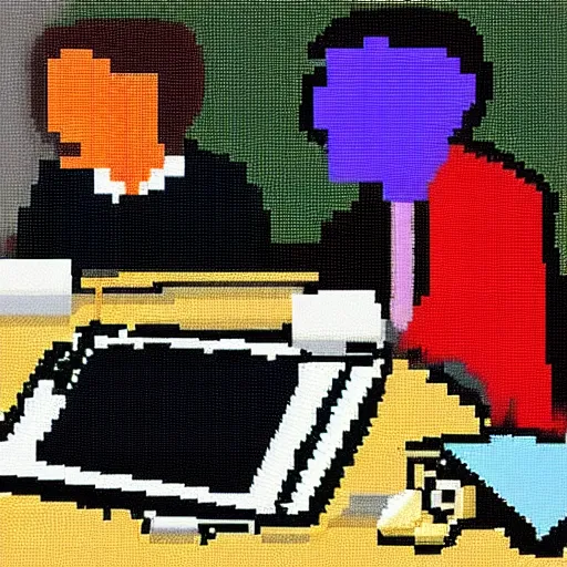 Prompt: 3 guys hanging on computers, pixel art