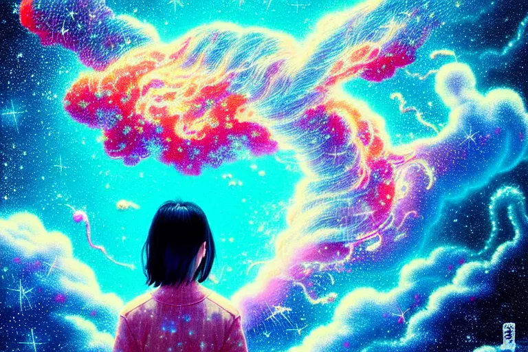 Prompt: hikari shimoda, takamishi murakami, james jean, makoto shinkai, akihiko yoshida, textured, stippled lighting, portrait of a young female astronaut going insane floating in a nebula flowing hair, lomography, colorful, dramatic angle and perspective, dynamic pose, dramatic lighting