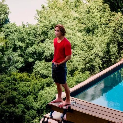 Image similar to cole sprouse standing on a diving board over a pool, red weapon 8 k s 3 5, cooke anamorphic / i lenses, highly detailed, cinematic lighting