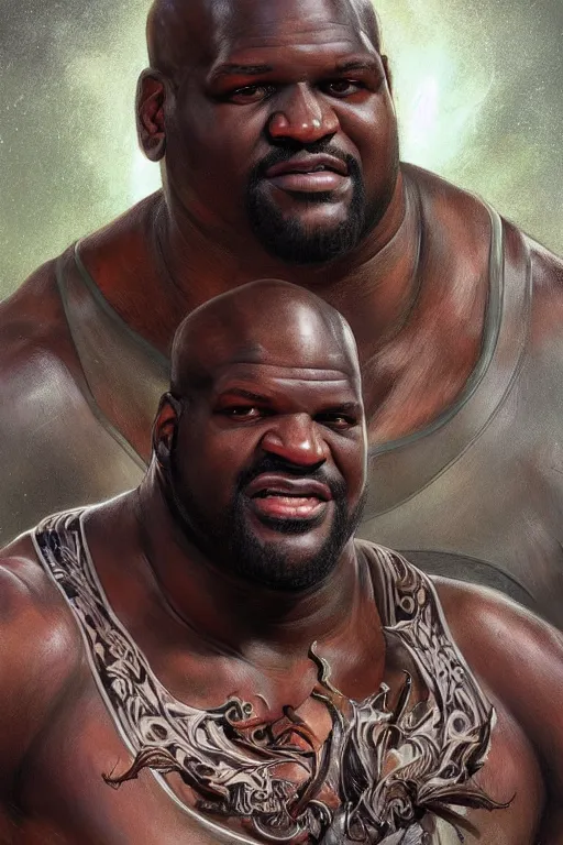 Image similar to portrait of shaquille o'neal as a hulking herculean demon, forest, godlike, full body, fantasy, intricate, elegant, highly detailed, digital painting, artstation, concept art, sharp focus, illustration, art by artgerm and greg rutkowski and alphonse mucha