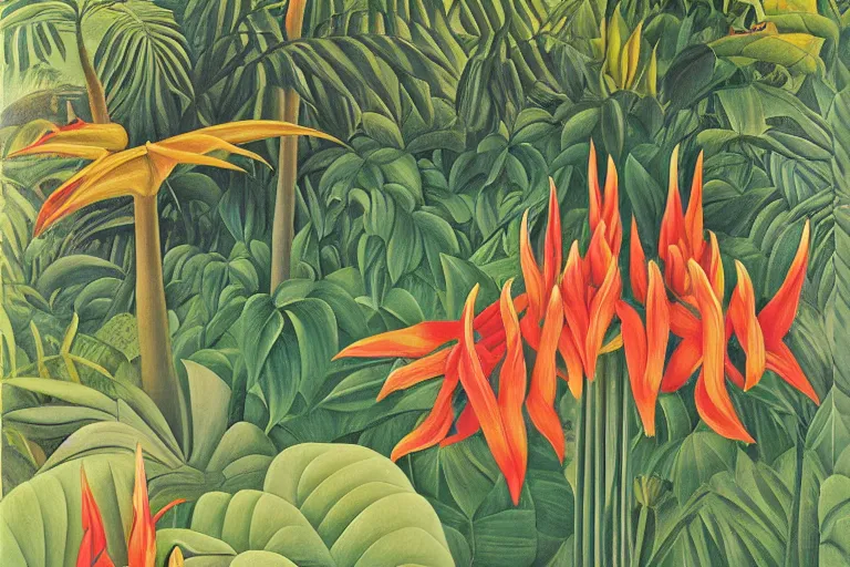 Prompt: heliconia in a garden, art by Henri Rousseau, studio Ghibli