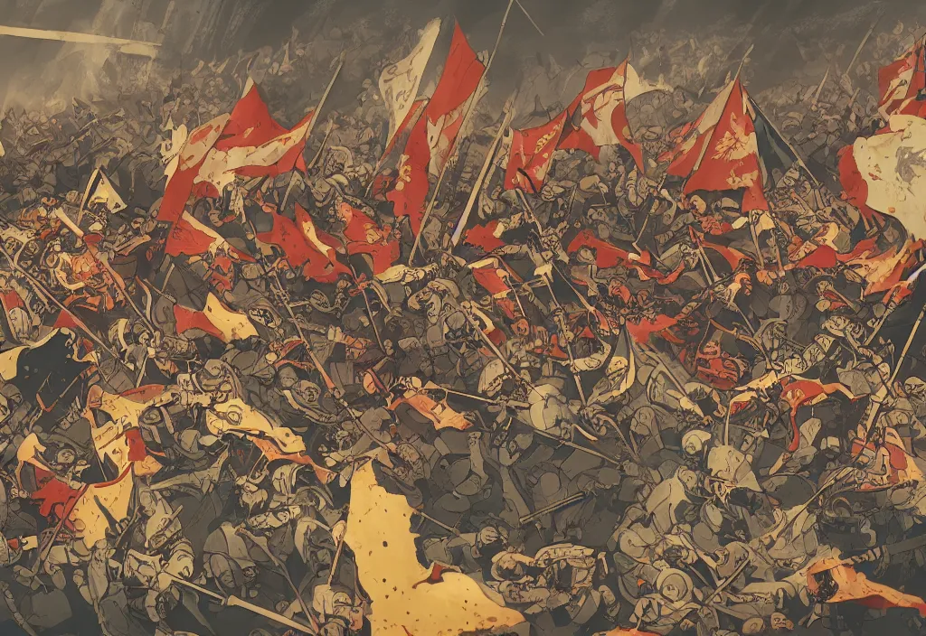 Image similar to handmade illustration of a small medieval battle, banners and flags, arrows, line art, ink, watercolor by Kilian Eng and by Jake Parker, winning-award masterpiece, fantastic, octane render, 8K HD Resolution, High quality image