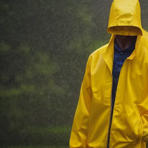 Image similar to award winning photograph of a man with a yellow jacket in the rain, extreme details, sharp focus