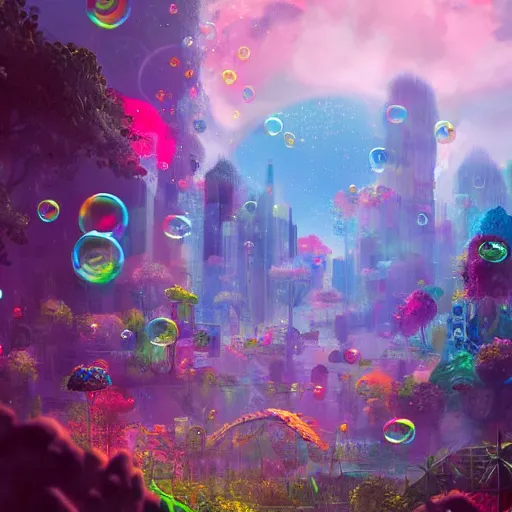 Image similar to a utopian city, filled with extremely colorful fauna, with bubbles floating around everywhere, dynamic lighting, fantasy concept art, trending on art station, stunning visuals, creative, cinematic, ultra detailed