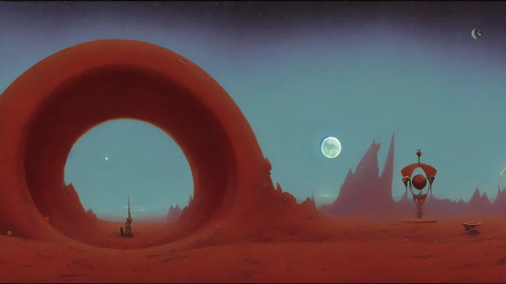 Prompt: mysterious whimsical sculpture of an alien crescent moon by paul lehr and john schoenherr, cinematic matte painting