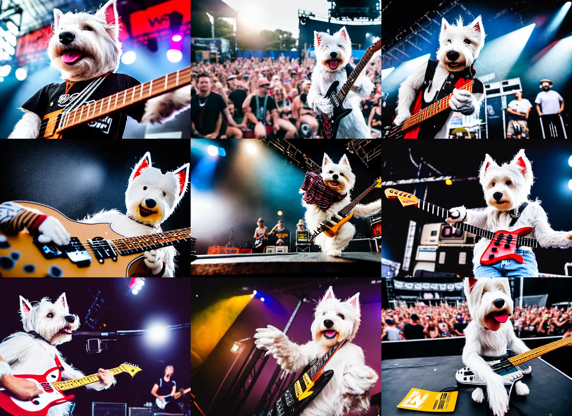 Prompt: photo still of an anthropomorphic westie on stage at vans warped tour!!!!!!! shredding an electric guitar on stage, 8 k, 8 5 mm f 1. 8, studio lighting, rim light, right side key light