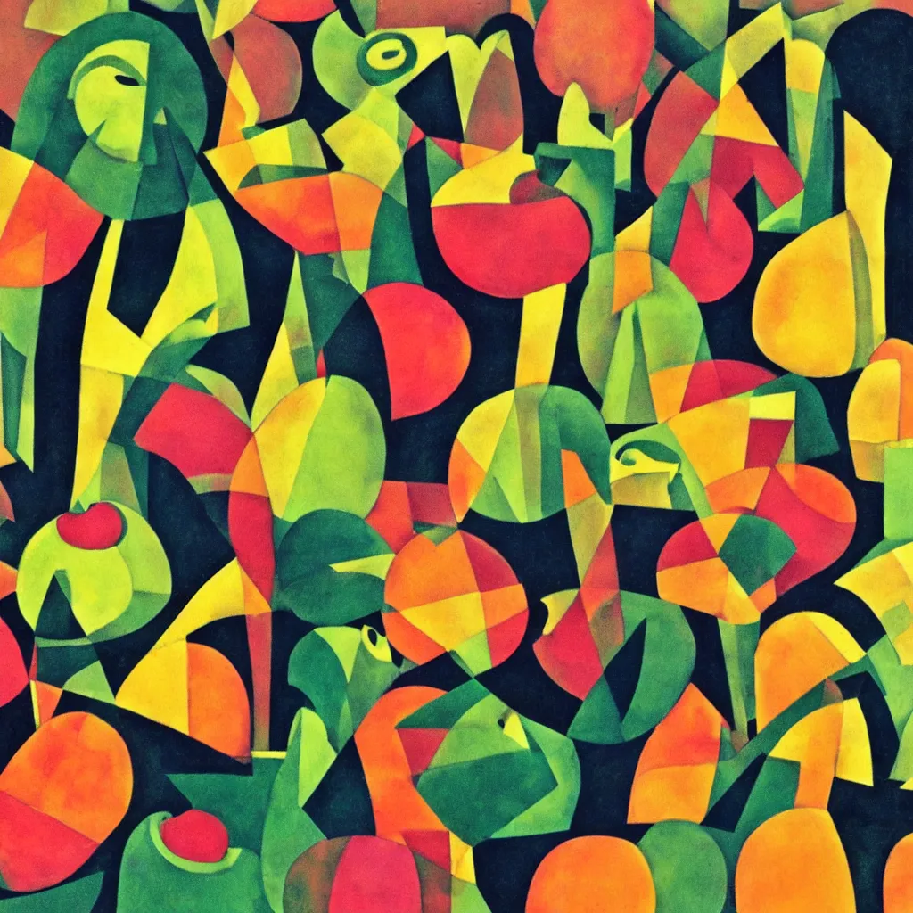 Image similar to apples and mangos in the style of eileen agar and olexander archipenko, noise, stroke around the apples and mangos, cut out effect