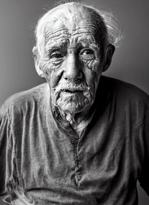 Prompt: A portrait photo of an old man with only one eye, high contrast, black and white