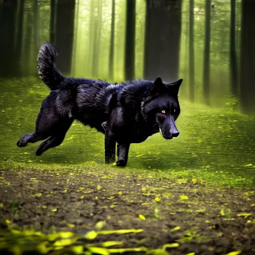 Image similar to Black, big wolf, chasing a man in dark forest, realistic photo