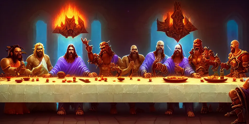 Prompt: world of warcraft last supper by beeple and greg rutkowski, digital painting, trending on artstation, sharp focus, 4 k