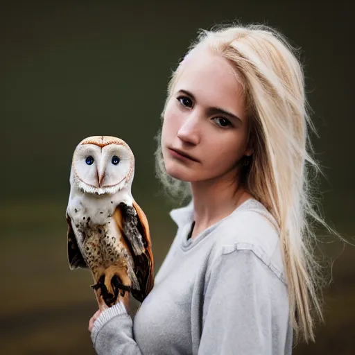 Prompt: symmetry!! portrait photograph shot on petzval lens of an extremely pretty!!! young blonde female with symmetric face. with a very detailed barn owl!!!!! on her shoulder. in iceland. out of focus. shallow depth of field. featured on flickr, art photography,