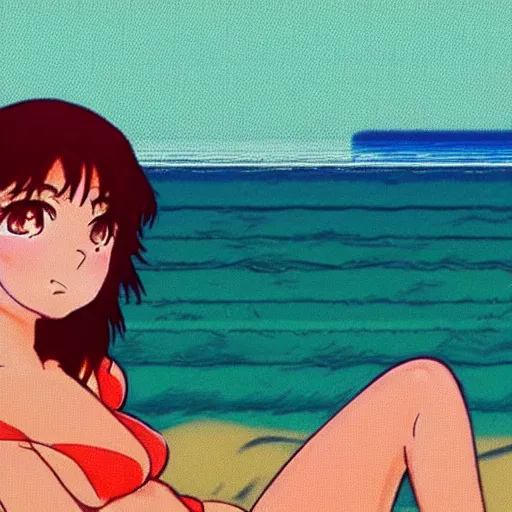 Image similar to girl laying in the sand next to ocean in sunset, sprite, vaporwave nostalgia, directed by beat takeshi, visual novel cg, 8 0 s anime vibe, kimagure orange road, maison ikkoku, initial d, sketch by osamu tezuka, directed by hideki anno