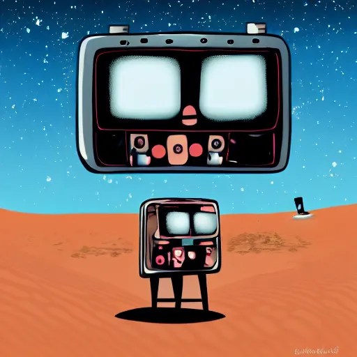 Image similar to Two robots are watching TV in desert, digital art.