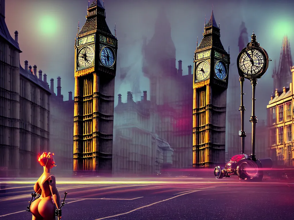 Image similar to a giant ancient beautiful cyborg of the elder gods with pipes and tubes in the city of London, an image of a beautiful cyborg, a beautiful cyborg, a cyborg, London streets with one bigben in the background, colourful, dramatic lighting, spring time, very detailed octane render very realistic beautiful