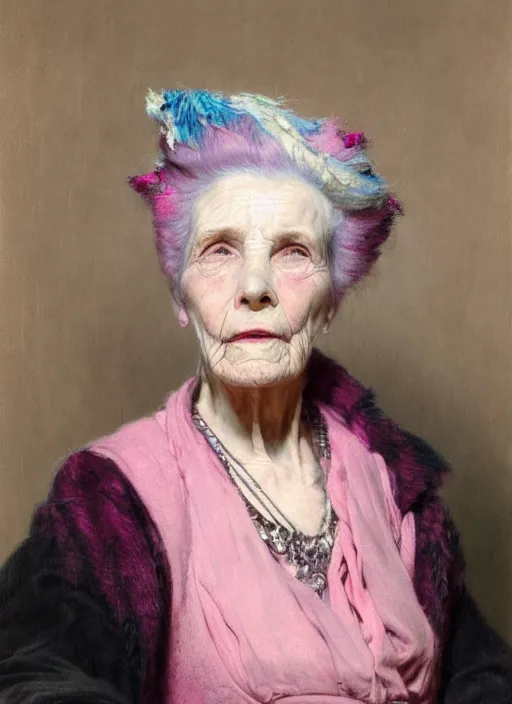 Image similar to a detailed portrait of old woman with a mohawk by edouard bisson, year, 1 9 2 0, pink hair, punk rock, oil painting, muted colours, soft lighting