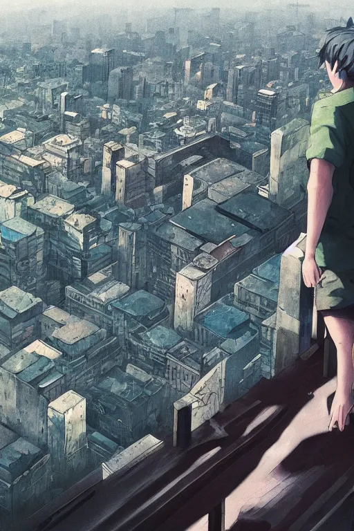Image similar to Sad gopnik boy in black adidas sportswear looking atop of a urban plateau filled with soviet apartment buildings, summer, dreamy, beautiful clouds, birds in the sky, ultra detailed, beautiful lighting, wallpaper, cityscape, beautiful artwork by Makoto Shinkai