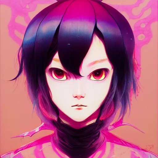 Image similar to prompt : stealthy rogue pink character portrait soft light painted by james jean and katsuhiro otomo and erik jones, inspired by evangeleon anime, smooth face feature, intricate oil painting, high detail illustration, sharp high detail, manga and anime 1 9 9 9