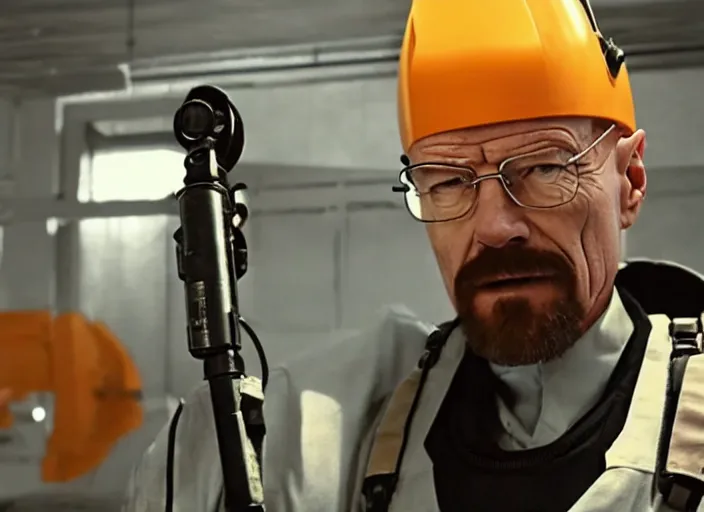 Prompt: film still of Walter White as Gordan Freeman wearing Black Mesa Jumpsuit holding a gravity gun in the Half Life Movie, 4k