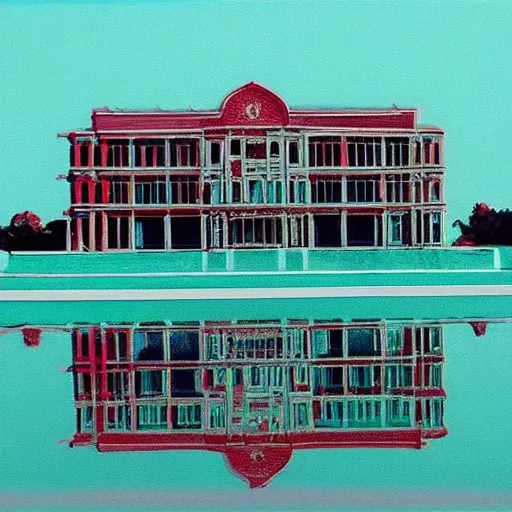 Prompt: a beautiful painting of a building in a serene landscape, anaglyph effect