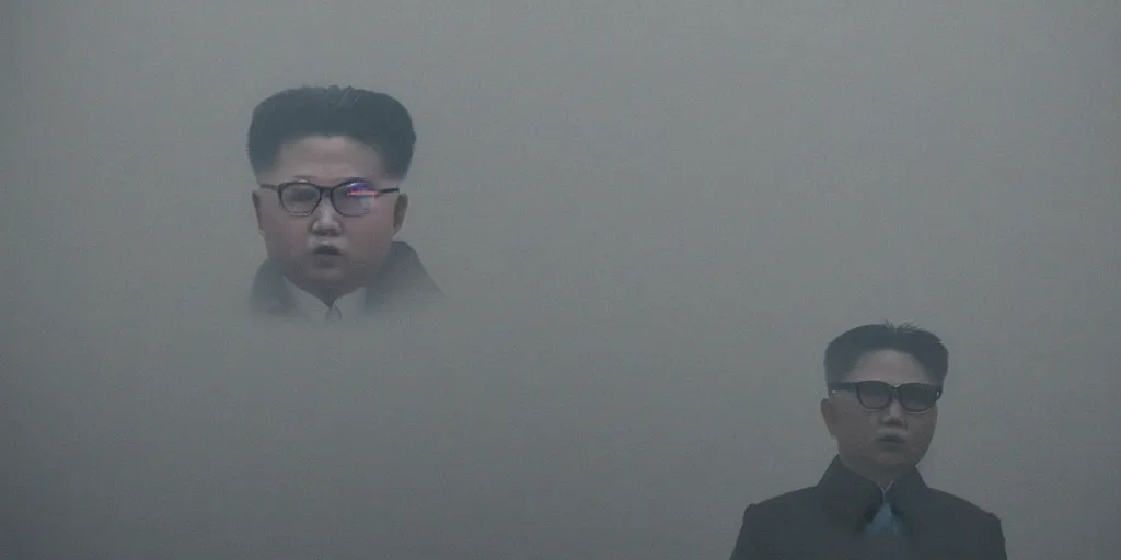 Image similar to kim jong - il silhouette, pyongyang, fog, in the style of ghost in the shell by mamoru oshii