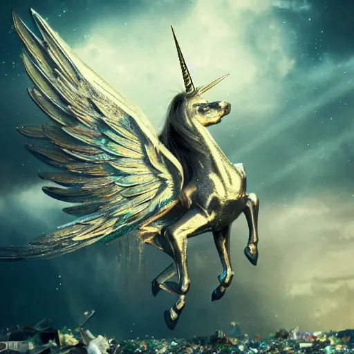 Prompt: a iridescent unicorn with wings dancing in a garbage dump, the sky has the milky way, ultra realistic, concept art, intricate details, highly detailed, photorealistic, octane render, 8 k, style of jean baptiste monge