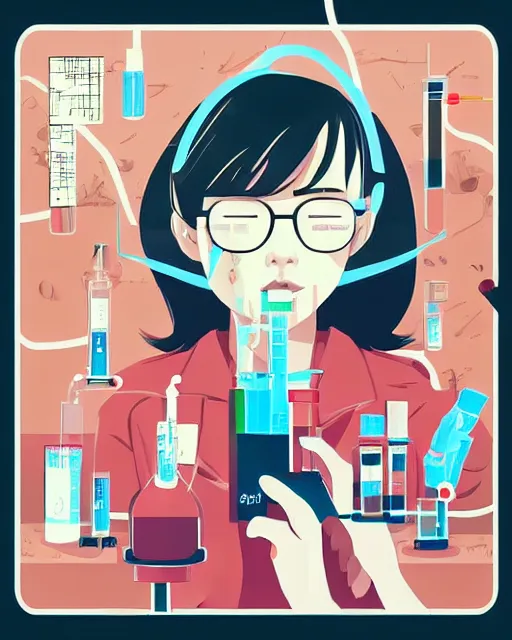 Image similar to a little girl in science lab experiment test tube microscope map. clean cel shaded vector art. minimalist illustration art by lois van baarle, artgerm, helen huang by makoto shinkai and ilya kuvshinov, rossdraws