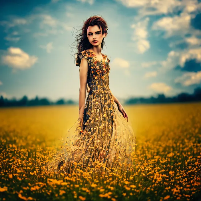 Image similar to photo of a very beautiful!! woman on intricate dress in an endless heavenly meadow, 8 k, hdr, smooth, sharp focus, high resolution, award - winning photo, trending on artstation, dslr, 5 0 mm