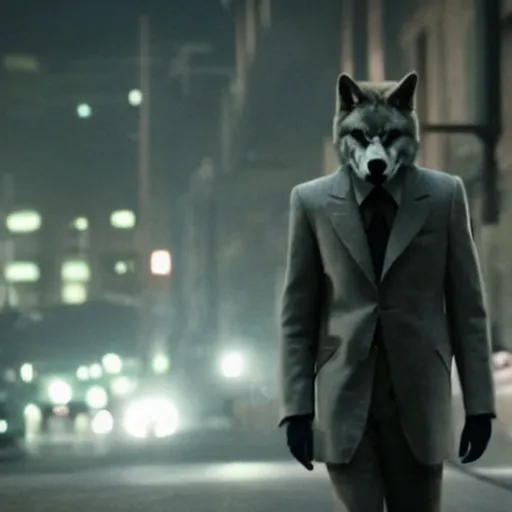 Prompt: a still of the lonely anthro gray Wolf walking a street, from Joker (2019), directed by Todd Philips