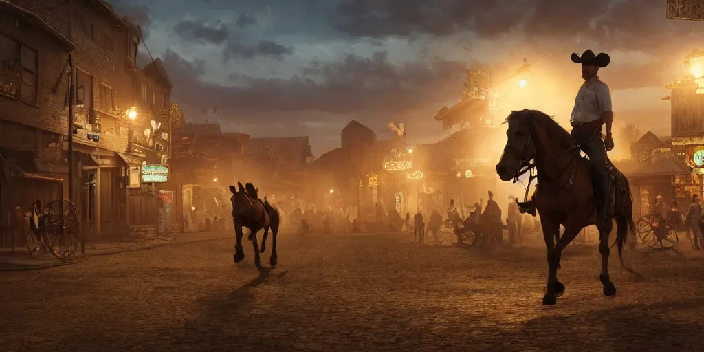 Prompt: rugged sheriff riding his horse through a busy old - west town, detailed, volumetric lighting, cinematic