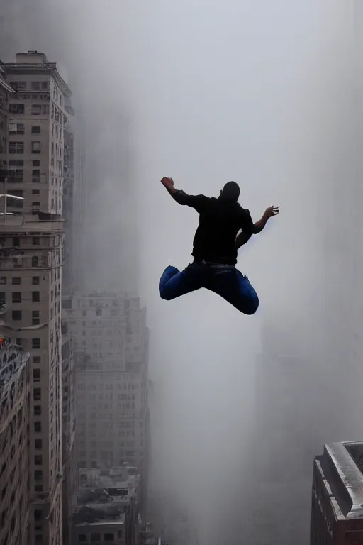 Image similar to a man jumping from a building in New York, dust explosion fog