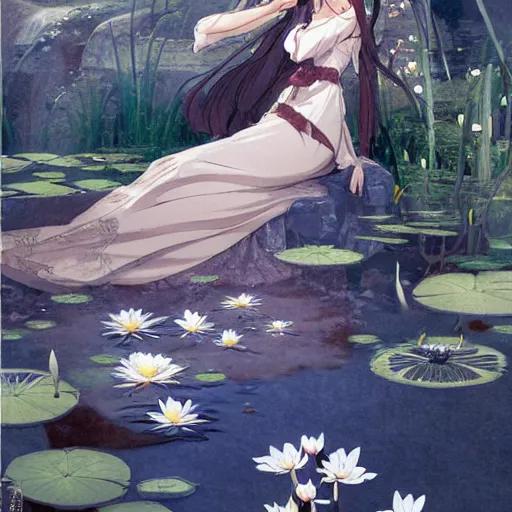 Image similar to isekai masterpiece drawn by bowater charlie, cabanel alexandre, james c. christensen, cornwell dean, of a beautiful anime girl sitting in a pond filled with lily pads and koi fish