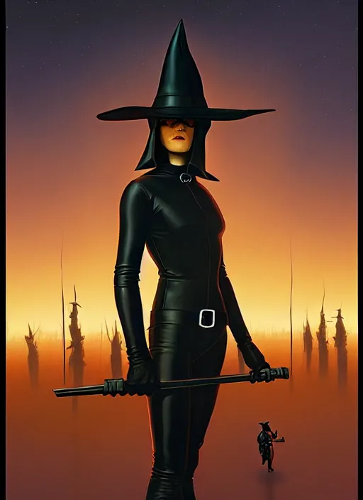 Image similar to perfectly centred realistic picture of a character dressed in leather tight suit and witch hat, dark, poster, ralph mcquarrie, simon stalenhag