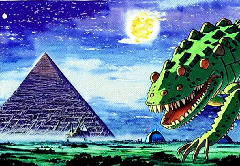 Image similar to a hyperrealist watercolor concept art from a studio ghibli film showing a giant mechanized crocodile from howl's moving castle ( 2 0 0 4 ). a pyramid is under construction in the background, in the rainforest on a misty and starry night. a ufo is in the sky. by studio ghibli