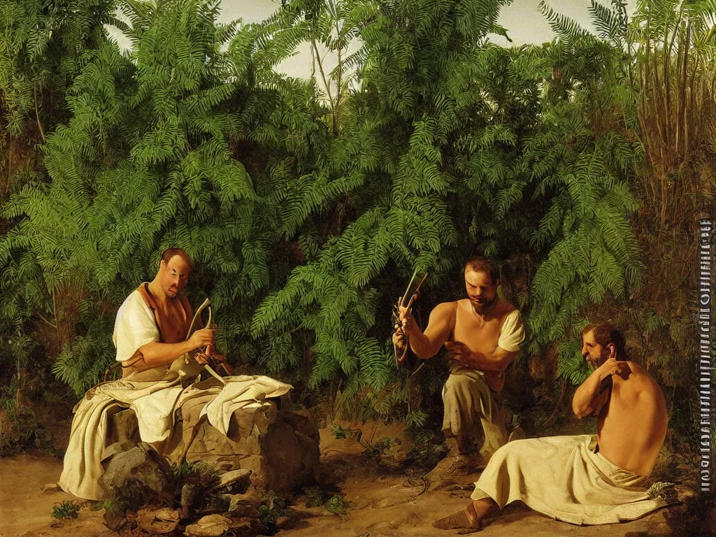 Image similar to portrait of kneeling painter washing his brush in a desert oasis, ferns. painting by georges de la tour