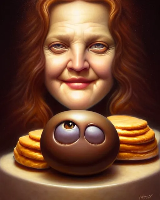 Image similar to detailed portrait of drew barrymore marshmallow!! chocolate!! biscuit! by tomasz alen kopera and peter mohrbacher and johanna martine! and margaret keane! coherent luminescent