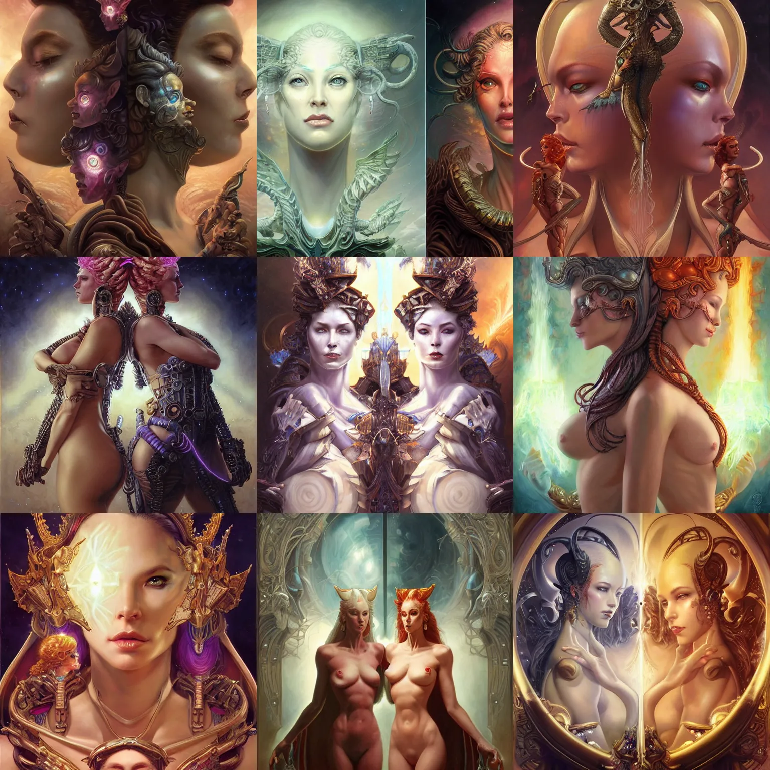 Prompt: beautiful gemini good and evil fantasy female character portrait, ultra realistic, wide angle, intricate details, the fifth element artifacts, highly detailed by peter mohrbacher, hajime sorayama, wayne barlowe, boris vallejo, aaron horkey, gaston bussiere, craig mullins