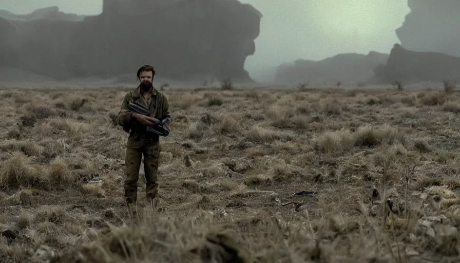 Image similar to lone survivor man holding a radio!! in post - apocalyptic nature landscape. movie screenshot. lush composition by wes anderson, shallow depth of field, cinematic. cinematic composition