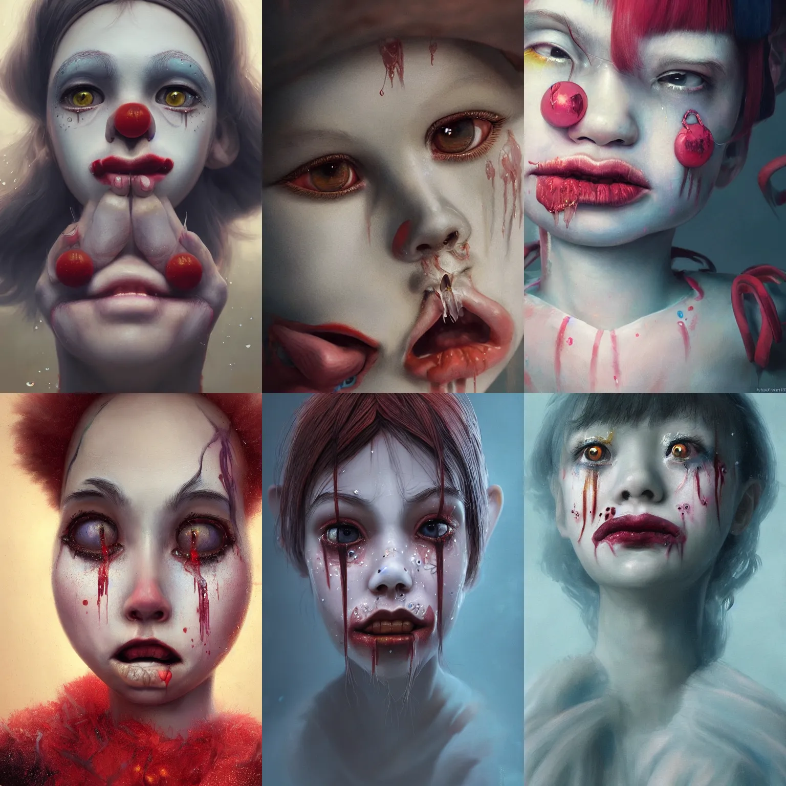 Prompt: breathtaking detailed painting of clown girl tears, with anxious, piercing eyes, art by Hsiao-Ron Cheng, Ja Miyazaki, extremely moody lighting, hyperrealistic, octane render, ambient light, dynamic lighting