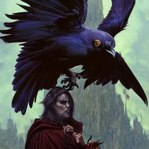 Image similar to jim carrey controlling evil ravens, demonic, evil, satanic, intricate, highly detailed, digital painting, artstation, concept art, smooth, sharp focus, illustration, unreal engine 5, 8 k, art by artgerm and greg rutkowski and alphonse mucha