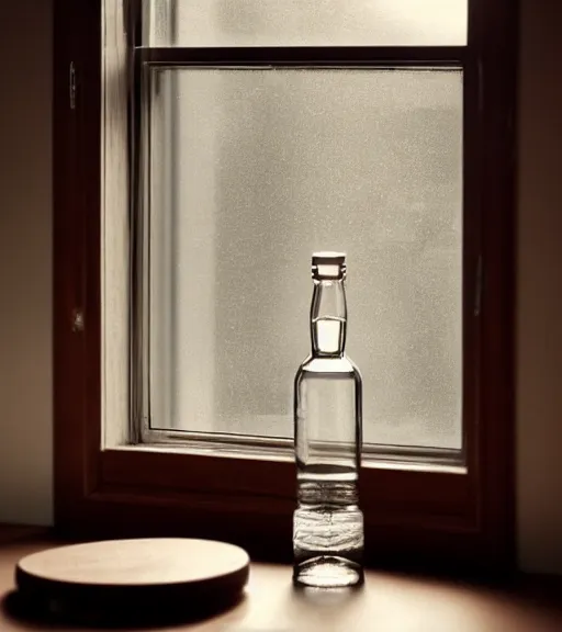 Prompt: a 4 k photorealistic photo of a bottle on a desk infront of a window. good reflections.