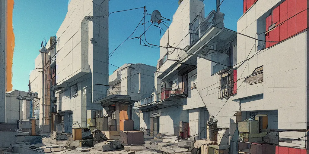 Image similar to neo brutralism, concrete housing, concept art, colorful, 3D, in the style of Akihiko Yoshida and Edward Hopper