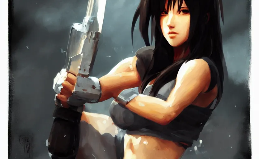 Prompt: a painting of tifa trending on artstation in the style of greg rutkowski