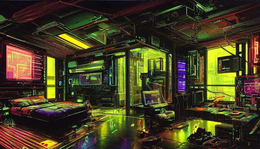 Image similar to A highly detailed rendering of a Cyberpunk hackers bedroom which has sophisticated hi-tech holographic wall boards and screens surrounded by messy cables, soft neon yellow lighting, reflective surfaces, sci-fi concept art, by Syd Mead, by H.R.Giger, highly detailed, oil on canvas