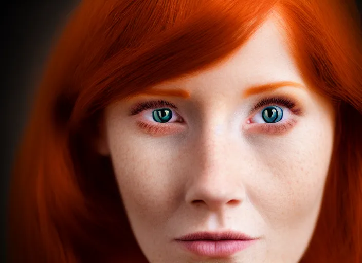 Prompt: 5 5 mm portrait photo of a redhead woman's face with ( intricate cat eyes ). highly detailed 8 k. intricate. lifelike. soft light. nikom d 8 5 0. cinematic post - processing