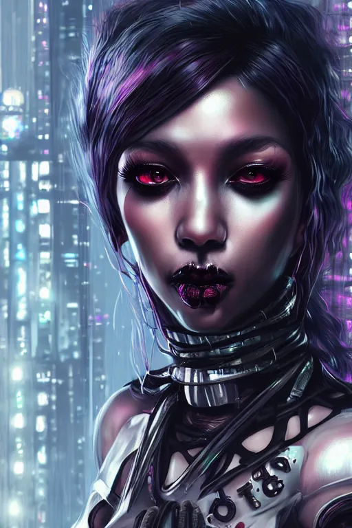 Image similar to soft lustrous ebony goddess biotech raver gutter punk gothic cyborg, cyberpunk city, urban decay, decay, underworld, dark art, highly detailed, digital painting, octane render, artstation, concept art, smooth, sharp focus, illustration, art by artgerm, loish, wlop