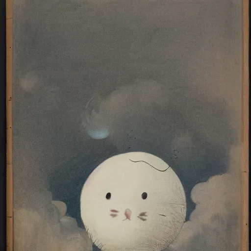 Prompt: candid portrait of white ball in the sky with face smiling eyes closed, surrounded by clouds, illustrated by peggy fortnum and beatrix potter and sir john tenniel