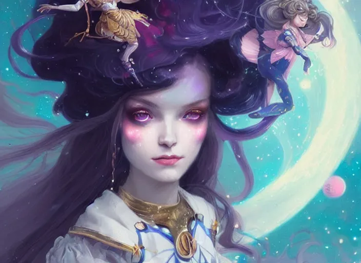 Image similar to close up picture of an maximalist dress magical girl, neat hair with bangs, slightly smiling, extremely beautiful and aesthetic and detailed cute face and eyes, wipe out evils with cute astronaut familiar sprites, aming the magical beams, chiaroscuro, intricate, masterpiece, fantasy illustrations by peter mohrbacher and anato finnstark and jeremy lipking