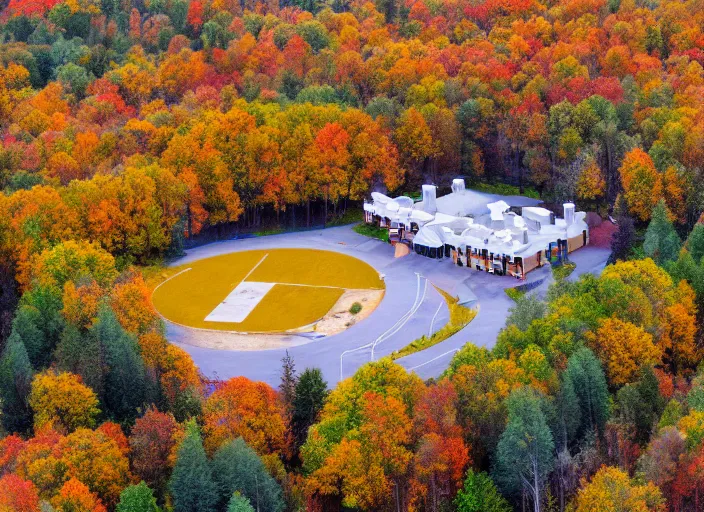 Prompt: low drone shot of a Disney style ranch style School campus in the middle of the Woods during autumn